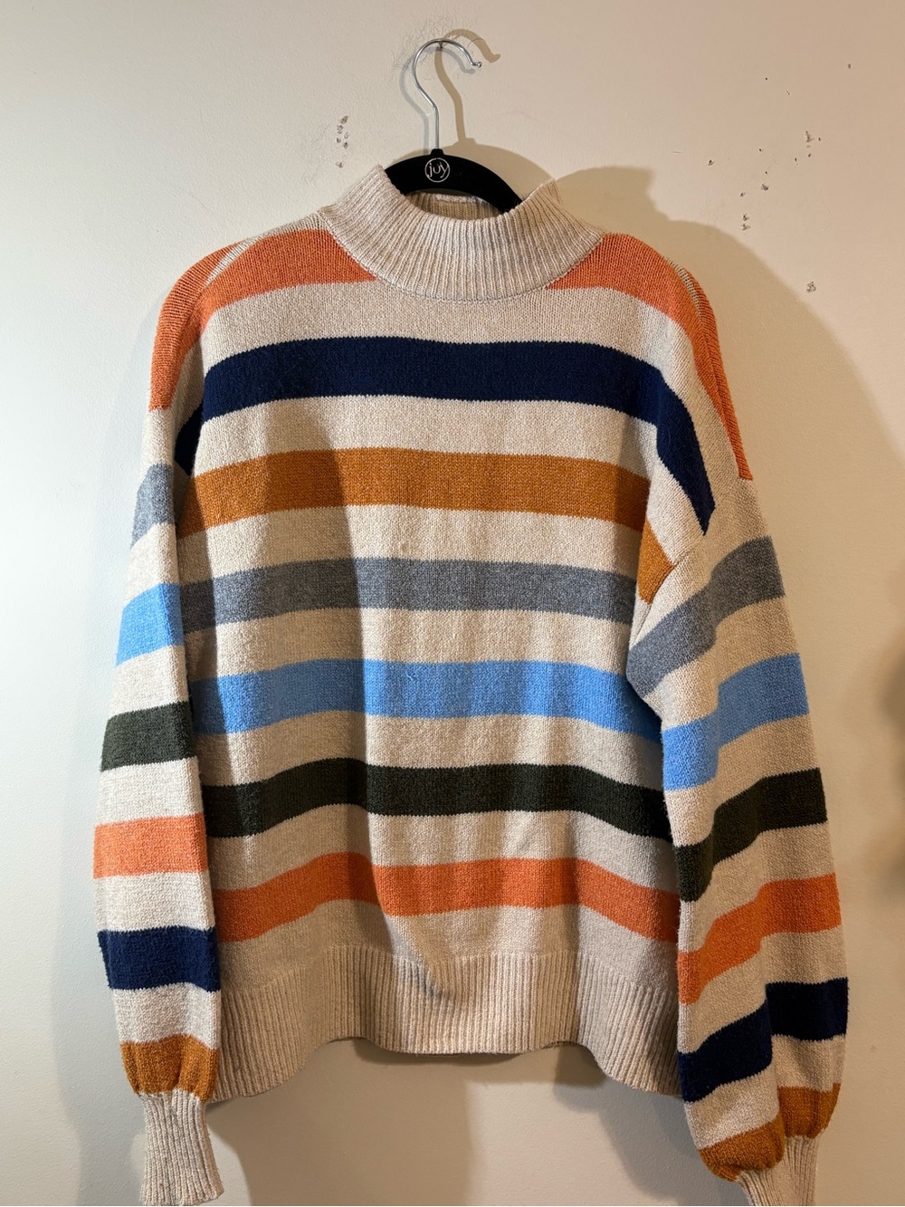 St. John's Bay sweater large multi-color striped mock-neck button back tan